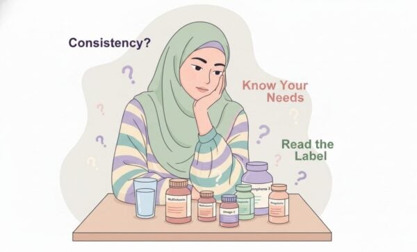 Ilustrasi wanita berfikir di meja dengan botol suplemen dan air, dikelilingi label seperti “Consistency?”, “Know Your Needs” dan “Read the Label”, menunjukkan kekeliruan tentang pengambilan suplemen.