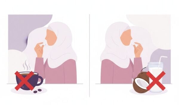 Split illustration of a hijabi woman taking supplements. Left side shows coffee and coffee beans with a red X. Right side shows coconut water and a coconut with a red X. Suitable for women's health and supplement guidance.