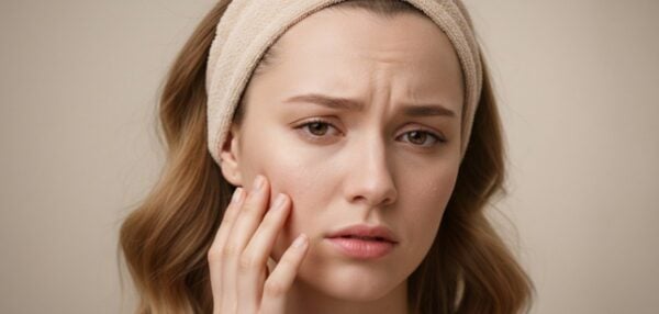 Close-up seorang wanita muda dengan kulit sedikit kering dan kusam, menyentuh wajahnya dengan ekspresi risau. Kulitnya menunjukkan petanda kulit yang memerlukan penjagaan tambahan, dengan tona semula jadi dan sedikit mengelupas. Wanita memakai headband atau tuala kecil, menandakan rutin penjagaan kulit, difoto dengan cahaya lembut dan semula jadi seperti iklan skincare.