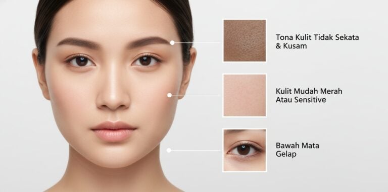 Wanita muda dengan wajah realistik, kulit sedikit kusam dan tona tidak sekata, menekankan petanda kulit letih dan perlukan penjagaan ekstra.