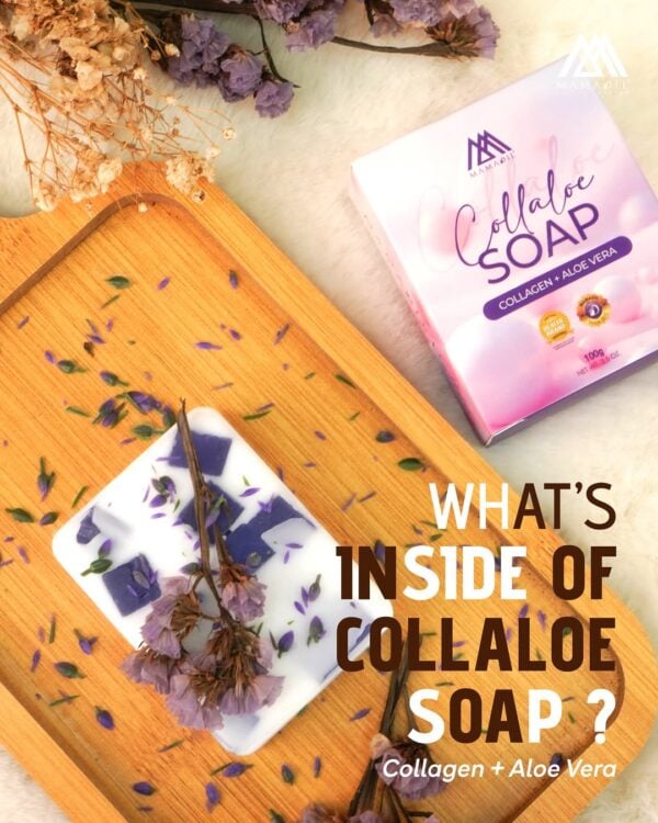 Collaloe Soap dengan kandungan kolagen dan aloe vera, menonjolkan penjagaan kulit semula jadi dan kelembapan.