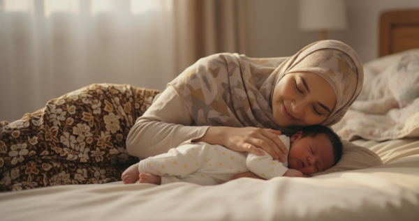 Ibu berpantang di samping anaknya yang baru sahaja lahir