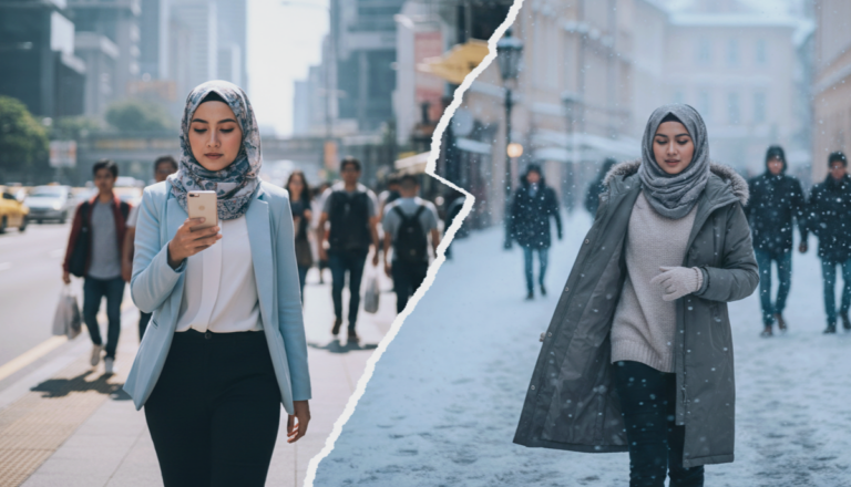 Wanita berhijab di Malaysia dalam cuaca panas dan di kawasan iklim sejuk, menunjukkan perbezaan cuaca serta kepentingan memilih foundation yang sesuai untuk solekan tahan lama.