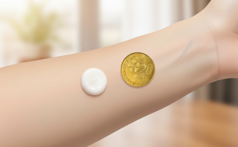 Ilustrasi patch test skincare di belakang lengan dengan sapuan produk bersaiz syiling 20 sen sebagai rujukan kuantiti aplikasi