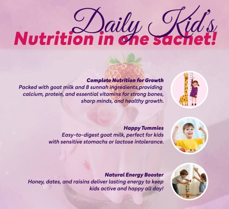 Dengan susu kambing + 8 bahan sunnah terpilih, setiap sachet Susu Rizqi membekalkan nutrisi penting untuk anak-anak membesar sihat, aktif & ceria setiap hari.